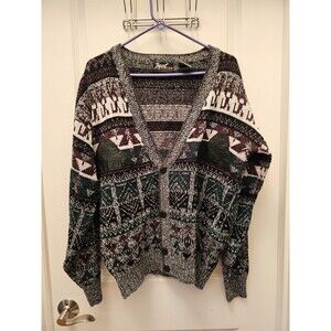 Impact Sweater Cardigan Medium 80s 90s Dad Retro Geometric Knit Leather Pockets